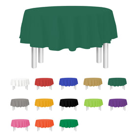 Party Dimensions green disposable round tablecloth for 84-inch tables, quick cleanup.
