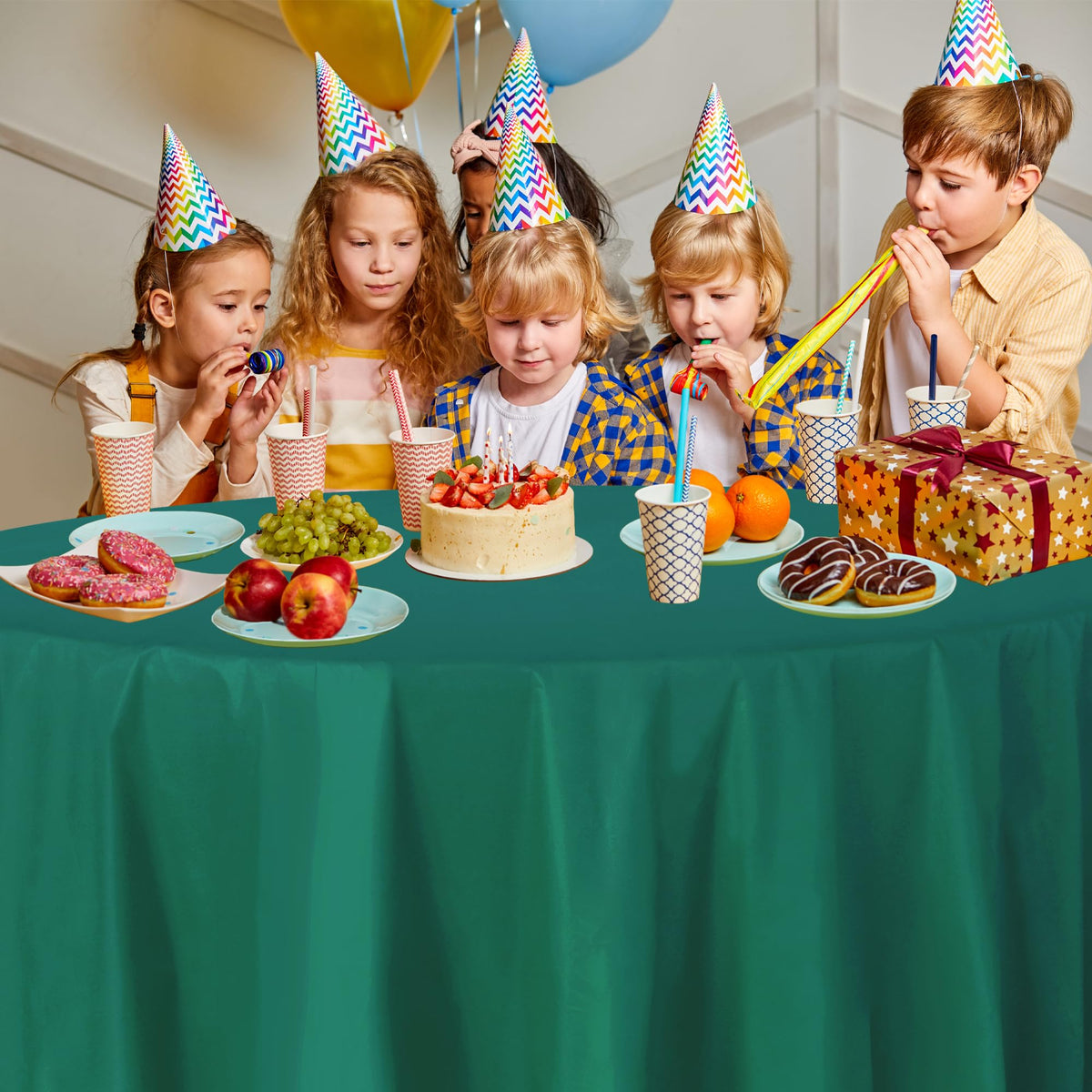 Party Dimensions pre-cut tablecloth avoids uneven edges for easy setup.