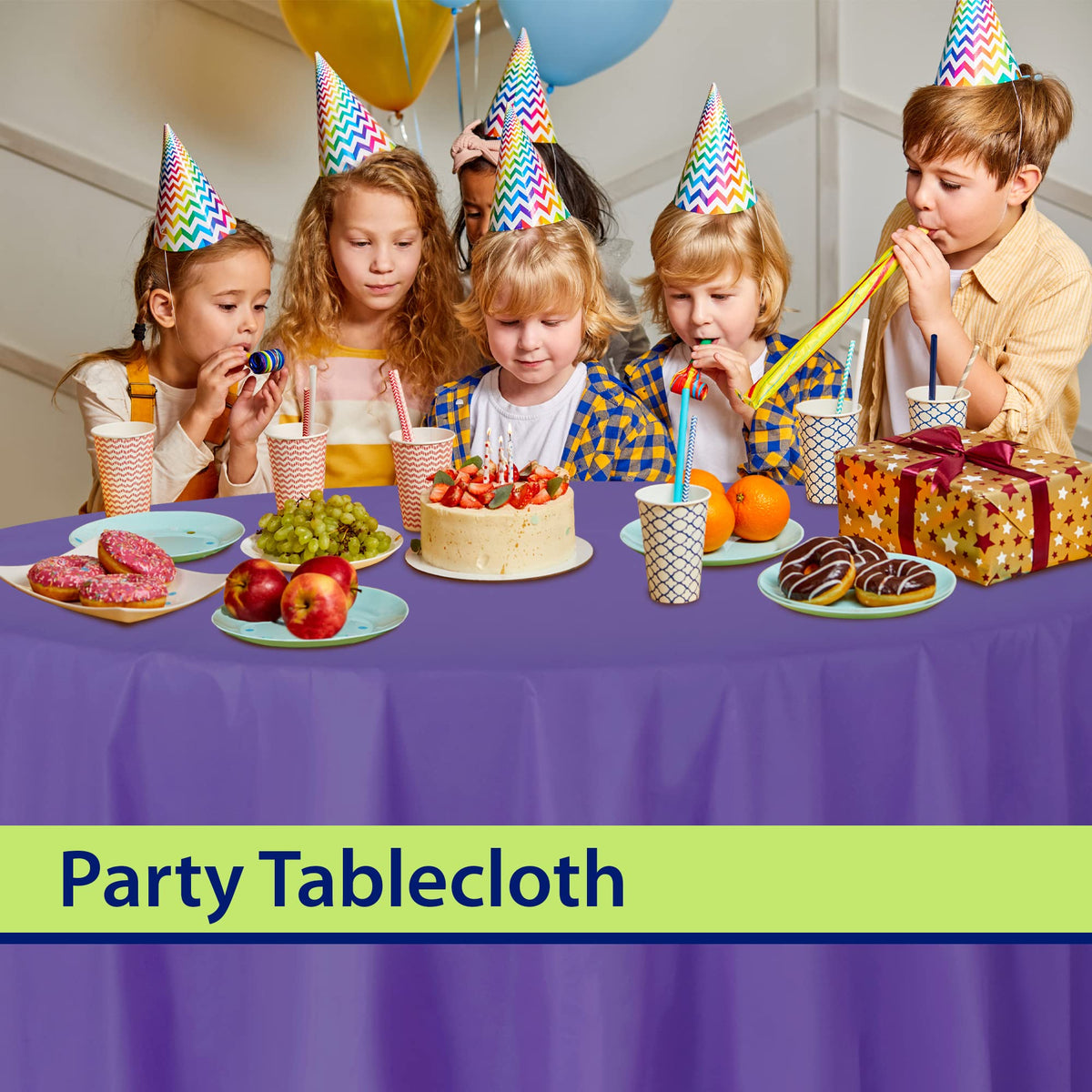 Party Dimensions purple tablecloth emphasizes easy cleanup after celebrations