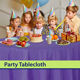 Party Dimensions purple tablecloth emphasizes easy cleanup after celebrations