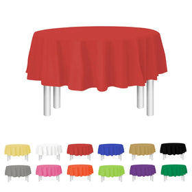 Party Dimensions red disposable round tablecloth on a venue table for quick cleanup.