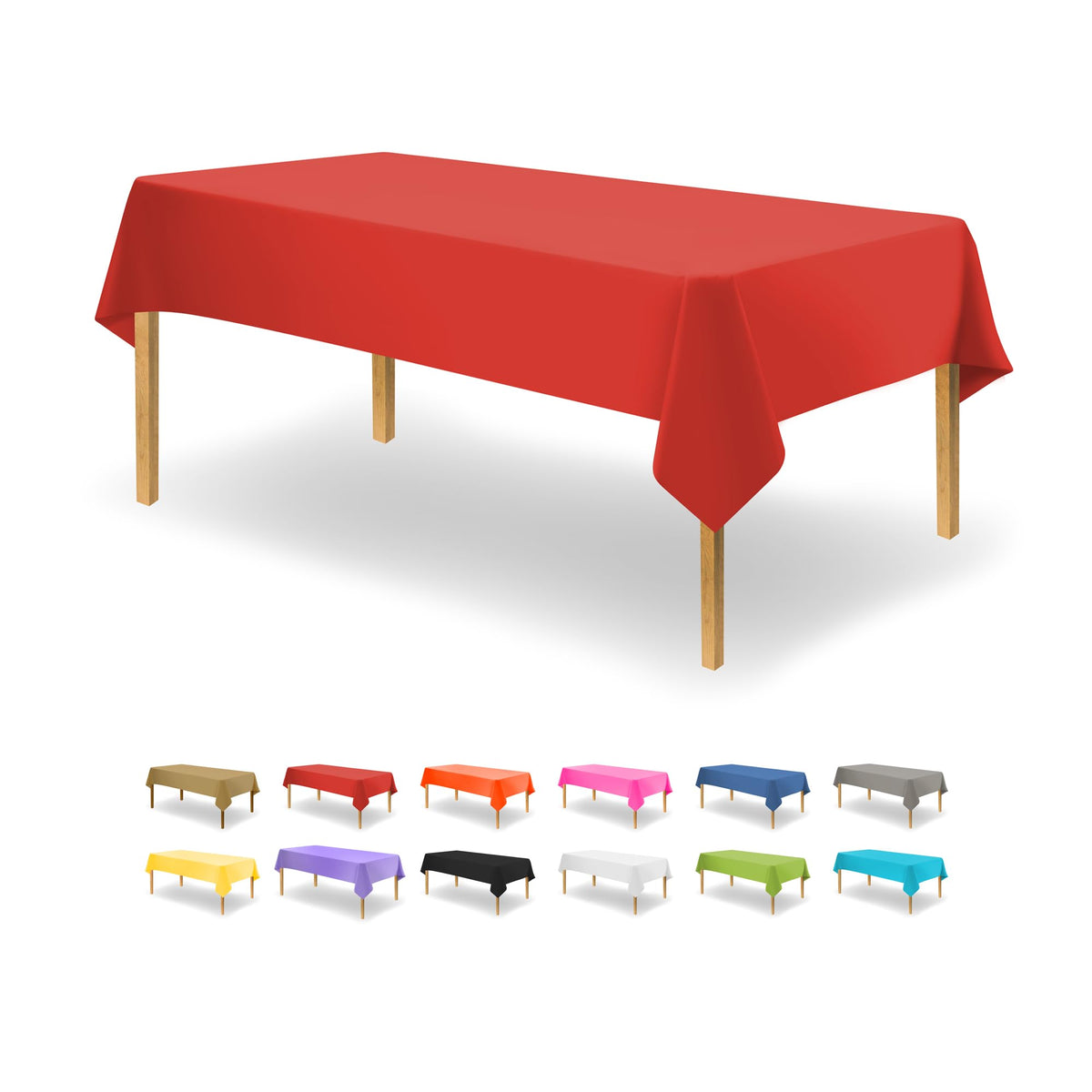 Party Dimensions red disposable rectangle tablecloth on table for easy cleanup.