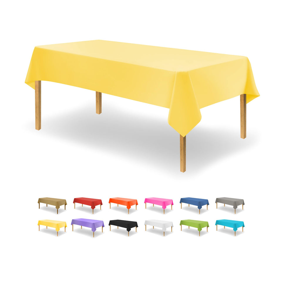 Party Dimensions yellow disposable tablecloth rectangle 54x108 inches ready for quick cleanup after events.