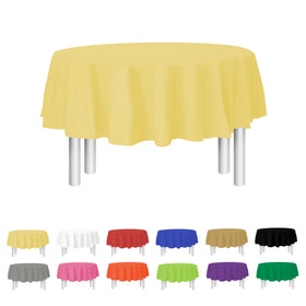Party Dimensions yellow round 84-inch tablecloth brightens indoor celebrations and protects surfaces.