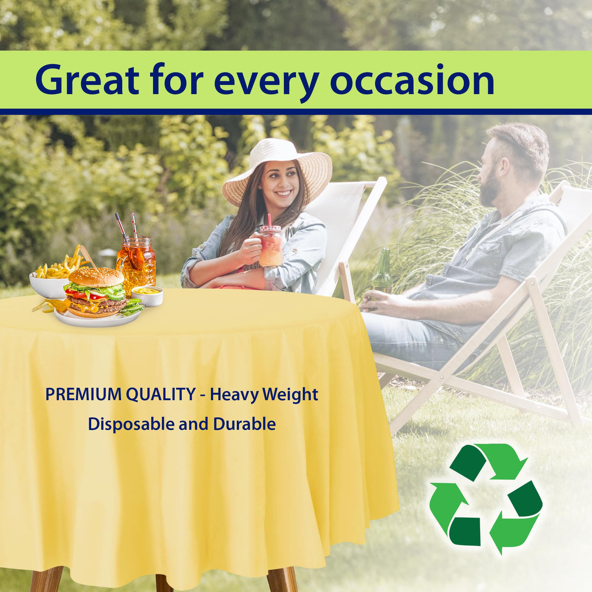 Party Dimensions yellow tablecloth suitable for weddings and elegant atmospheres.