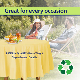 Party Dimensions yellow tablecloth suitable for weddings and elegant atmospheres.