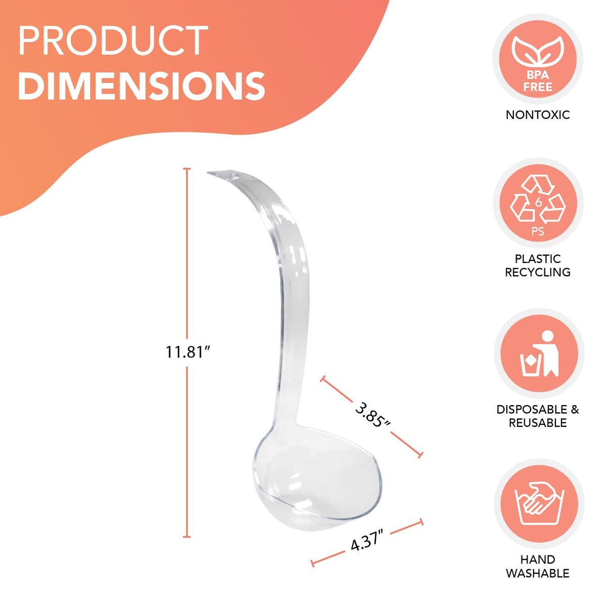 Party Essentials clear ladle with hanging hole, sturdy grip, ideal for soups and sauces.