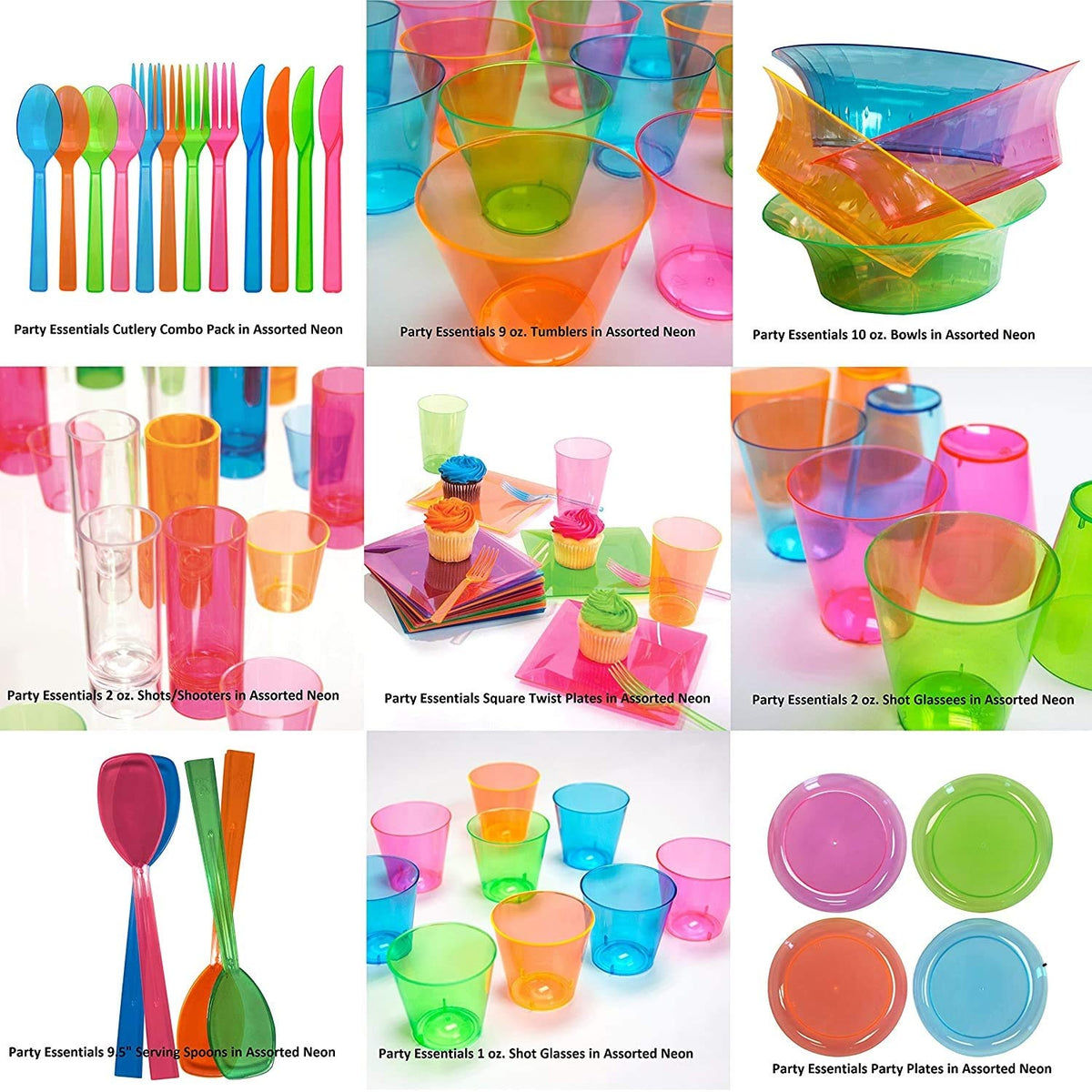 Party Essentials neon margarita glasses 12oz two-piece design for compact storage after use.