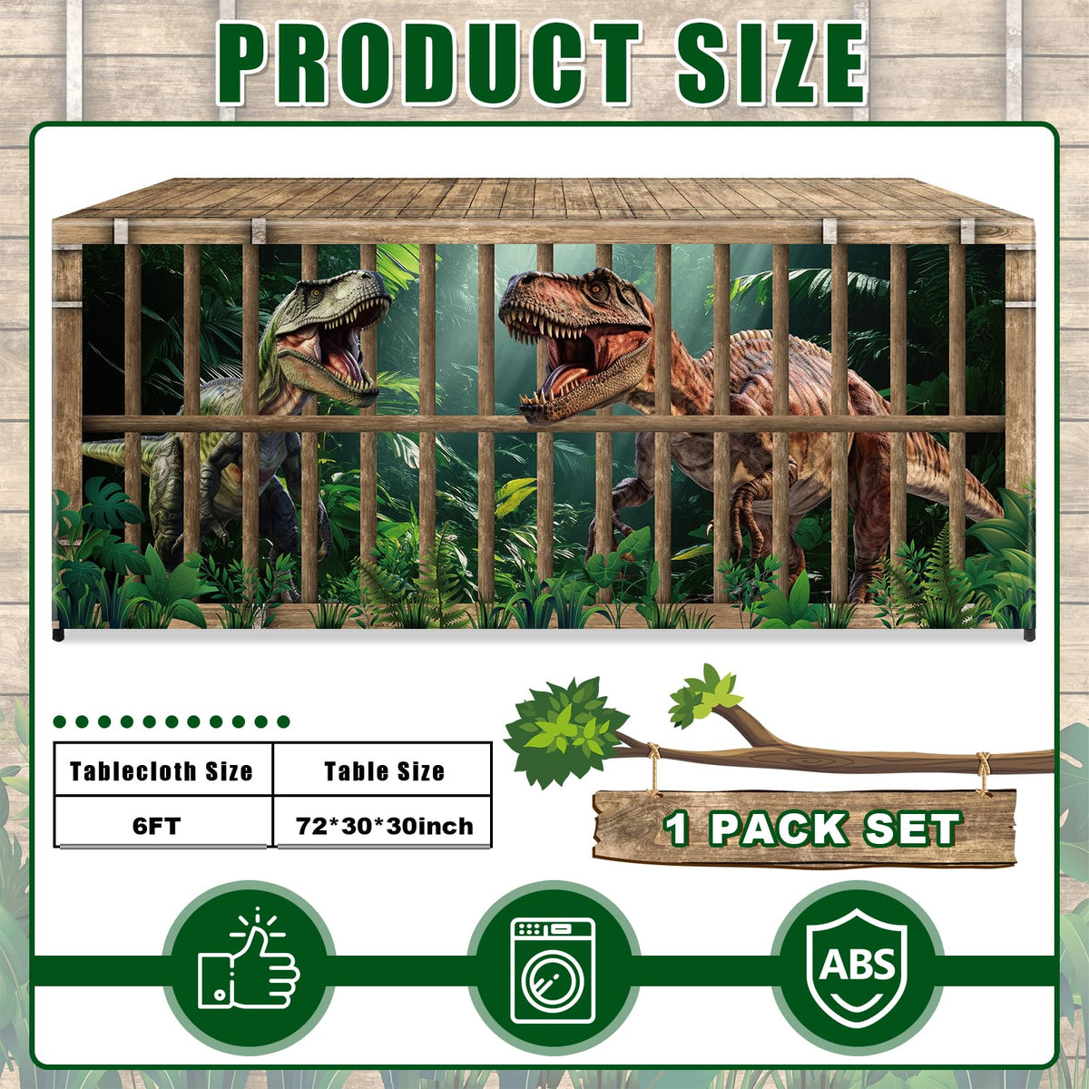 Party Greeting dino themed tablecloth in green and brown protects tabletops from spills