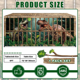 Party Greeting dino themed tablecloth in green and brown protects tabletops from spills
