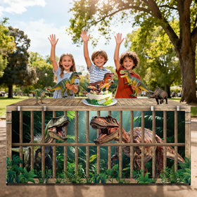 Party Greeting tablecloth suitable for both indoor and outdoor dinosaur events
