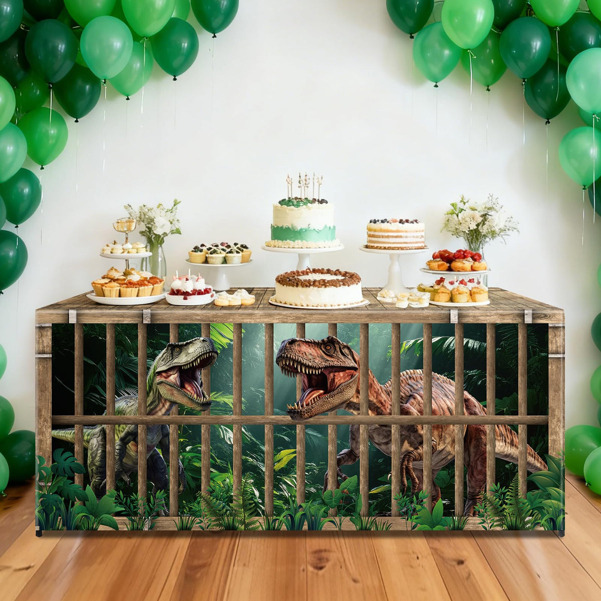 Party Greeting dinosaur tablecloth with a vibrant dino scene, perfect as a centerpiece