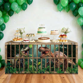 Party Greeting dinosaur tablecloth with a vibrant dino scene, perfect as a centerpiece