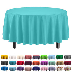 Party Solids aqua 84in round tablecloth for elegant parties and easy cleanup.