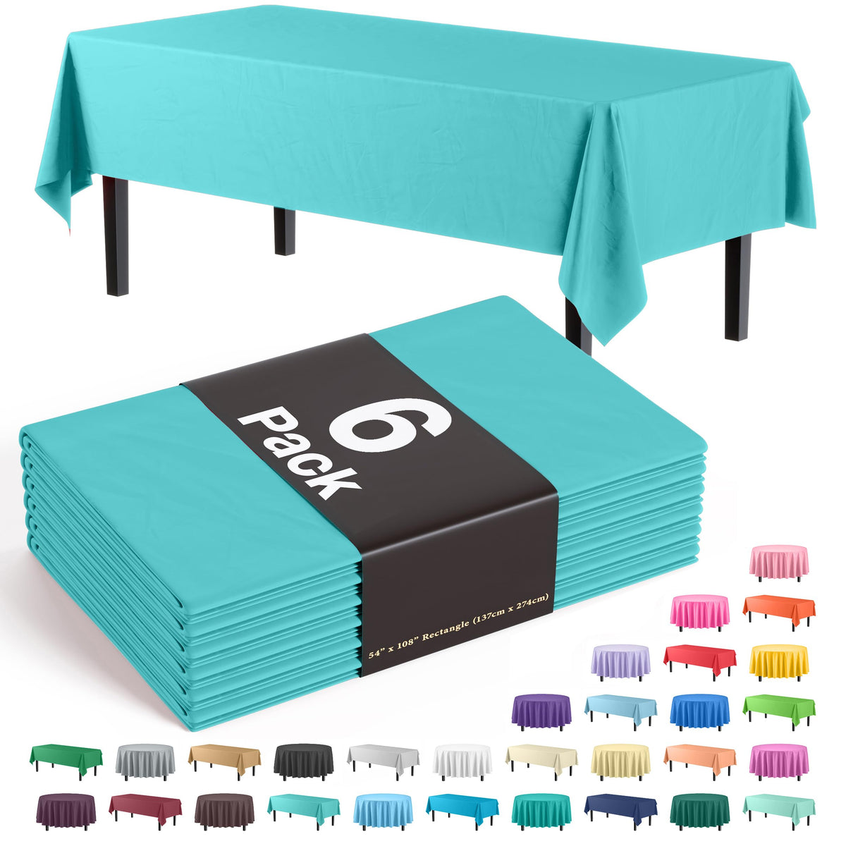 Party Solids aqua tablecloth 54x108 on a long rectangular table.