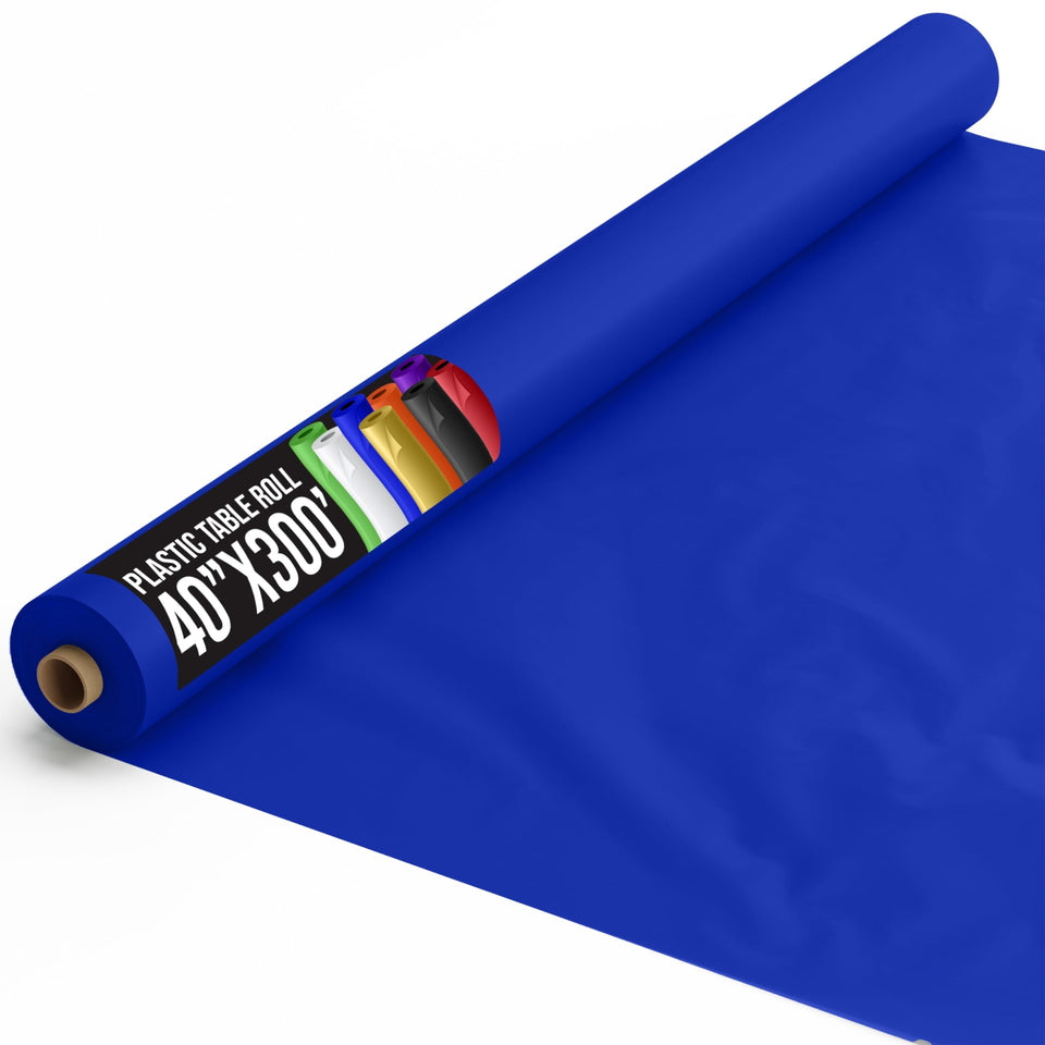 Party Solids dark blue tablecloth roll on a banquet table for quick setup