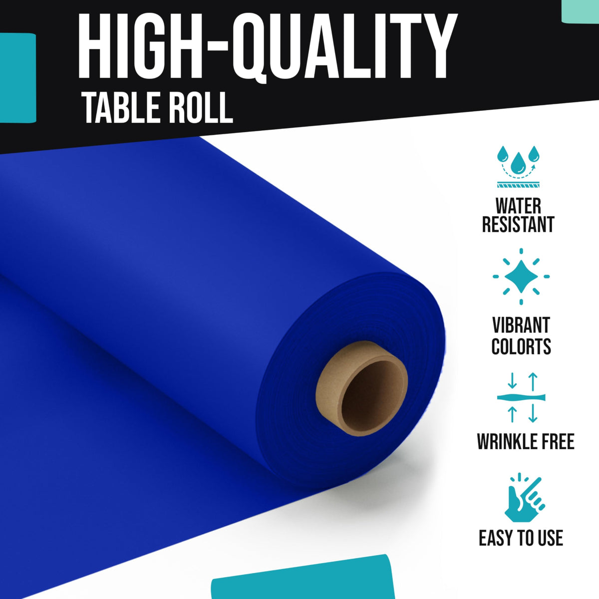 Party Solids dark blue tablecloth roll laid on a banquet table