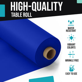 Party Solids dark blue tablecloth roll laid on a banquet table