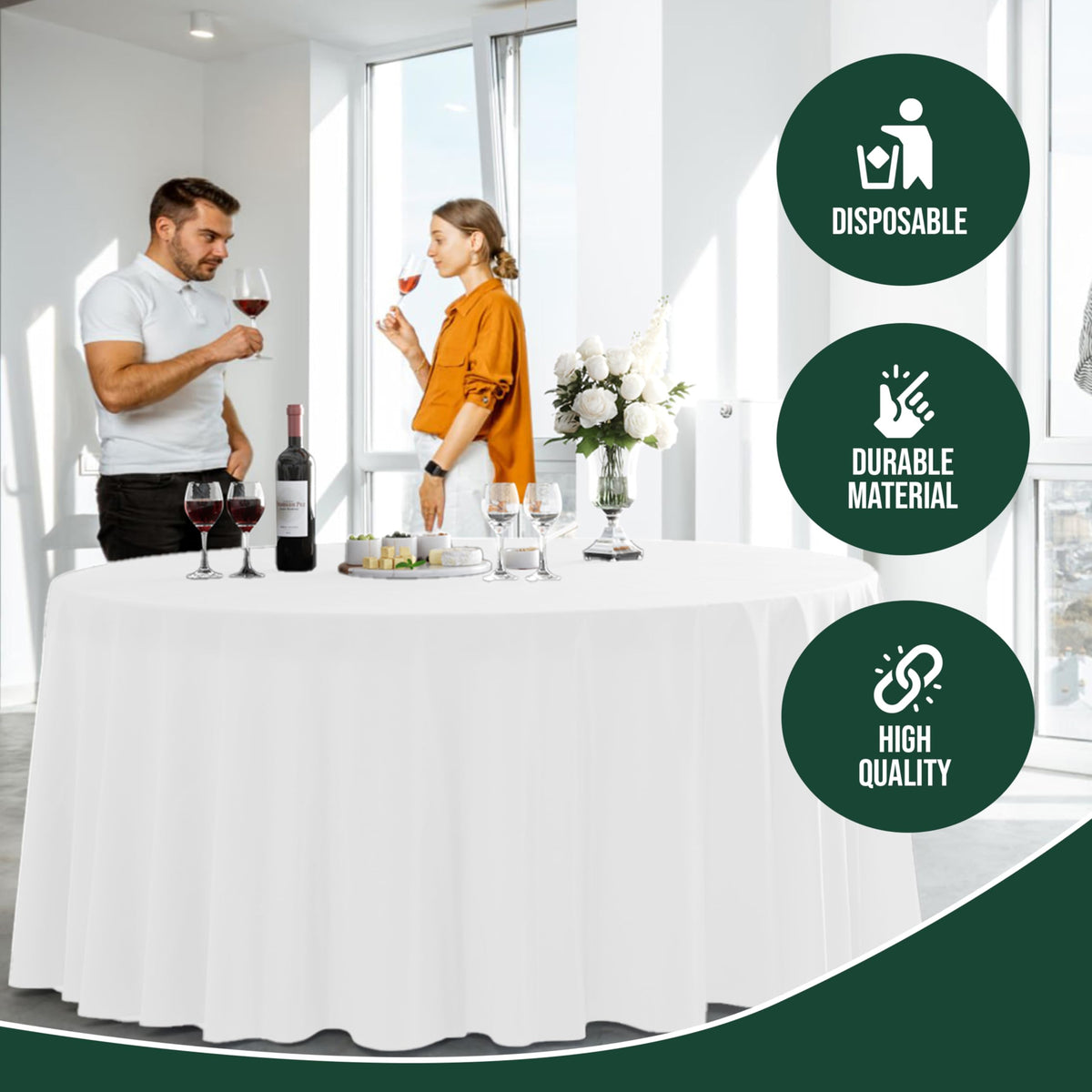Party Solids easy cleanup after event with disposable tablecloth.