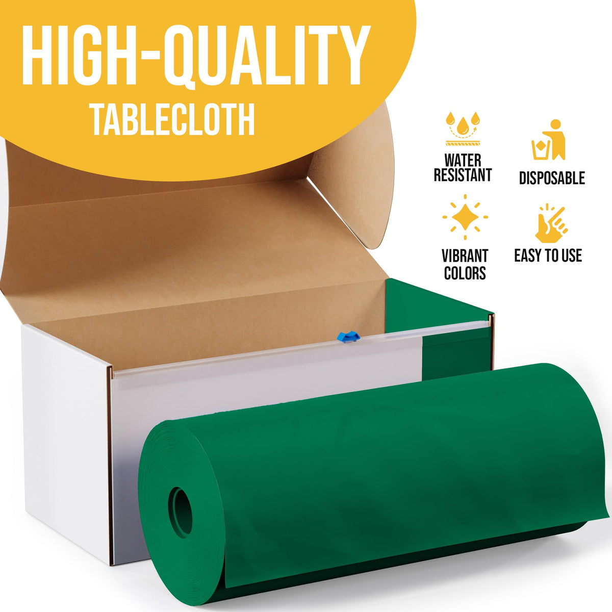 Party Solids emerald green disposable tablecloth detail highlights waterproof protection.