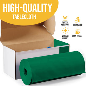 Party Solids emerald green disposable tablecloth detail highlights waterproof protection.