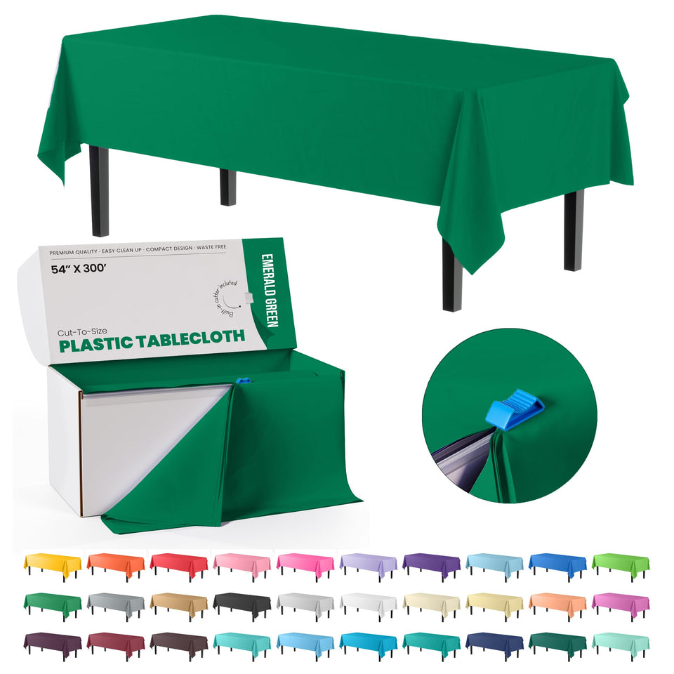 Party Solids emerald green table cover roll for events and easy cleanup.
