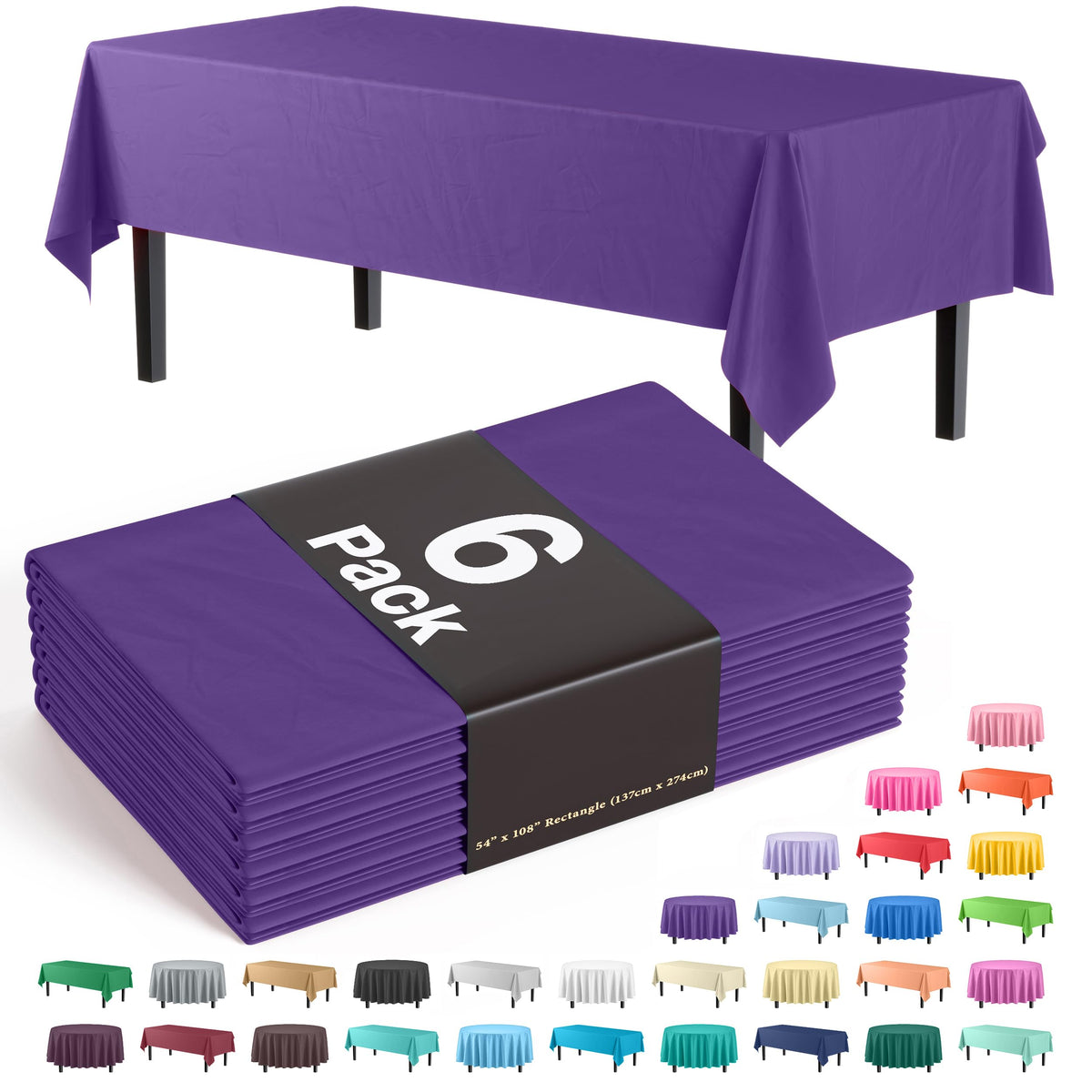 Party Solids Exquisite 6-Pack Purple Tablecloth 54x108 enhances color for stylish events.