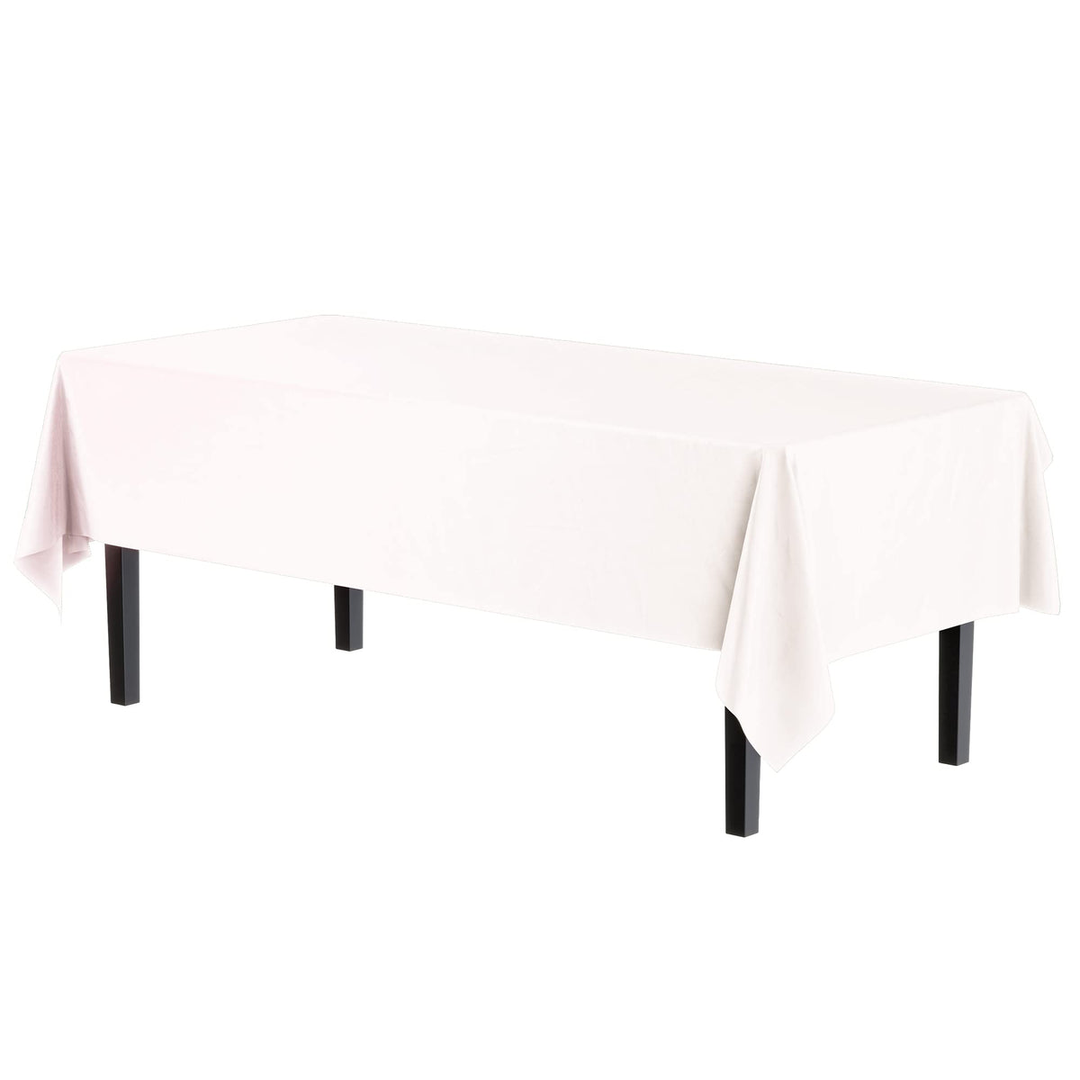 Party Solids Exquisite 6-pack tablecloth 54x108 on a dining table, pristine white