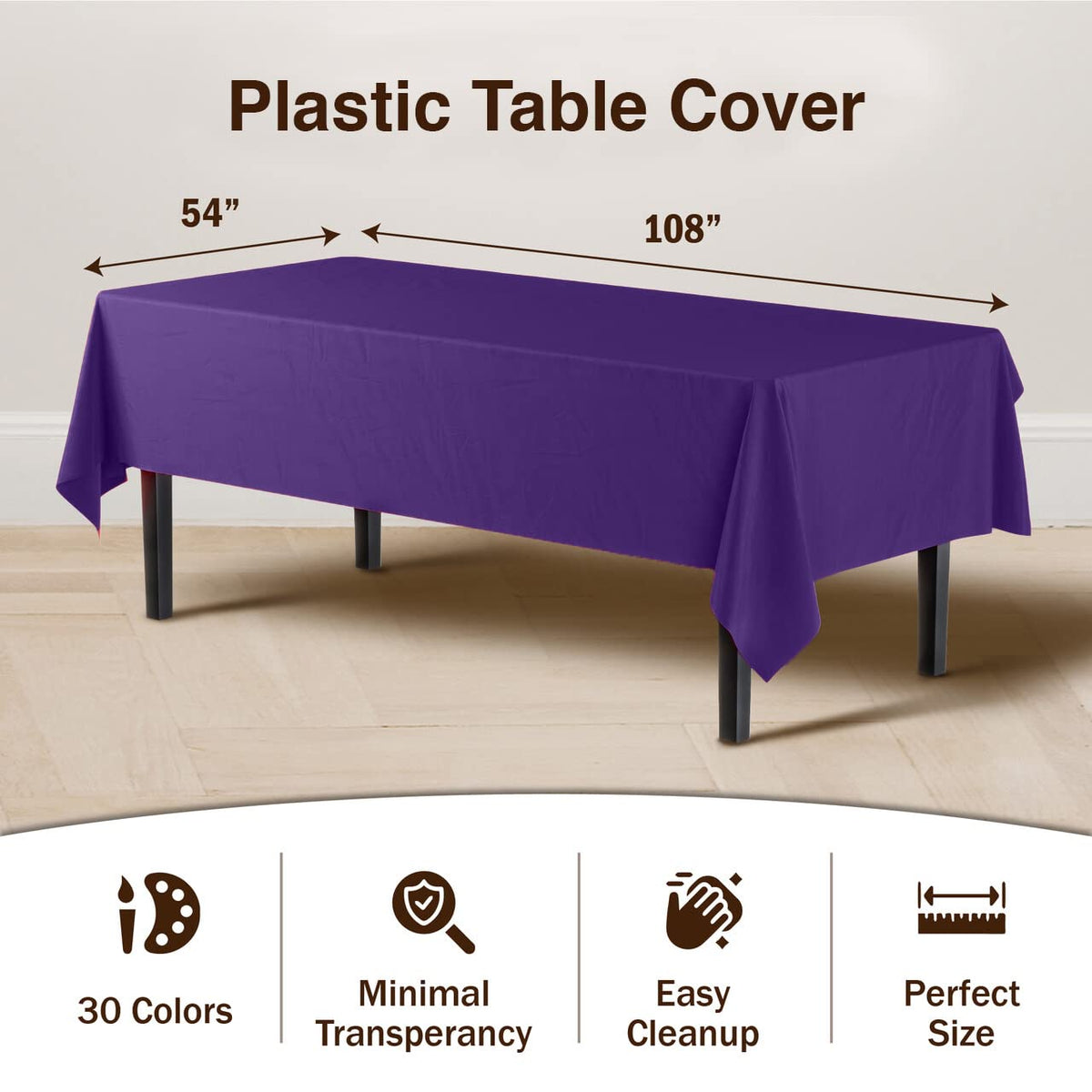 Party Solids Exquisite opaque purple tablecloth provides solid coverage for color-themed tables.