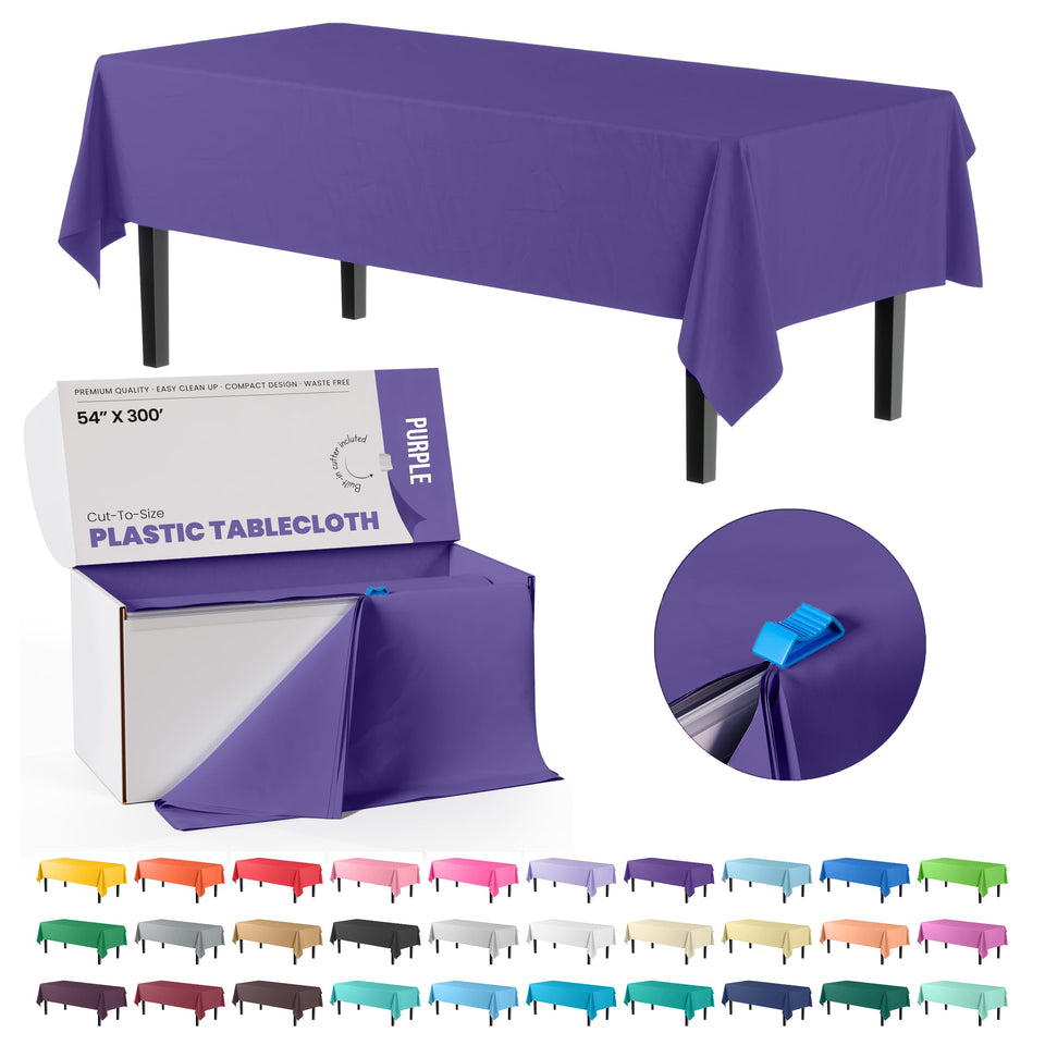 Party Solids exquisite purple tablecloth roll with built-in cutter for adjustable sizing.