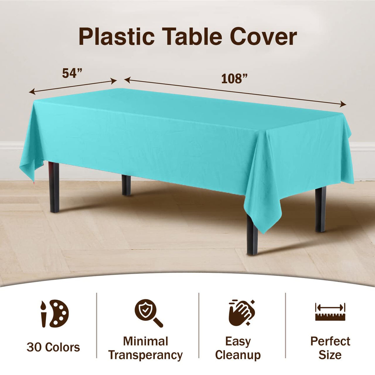 Heavy-duty Party Solids plastic table cover in aqua.