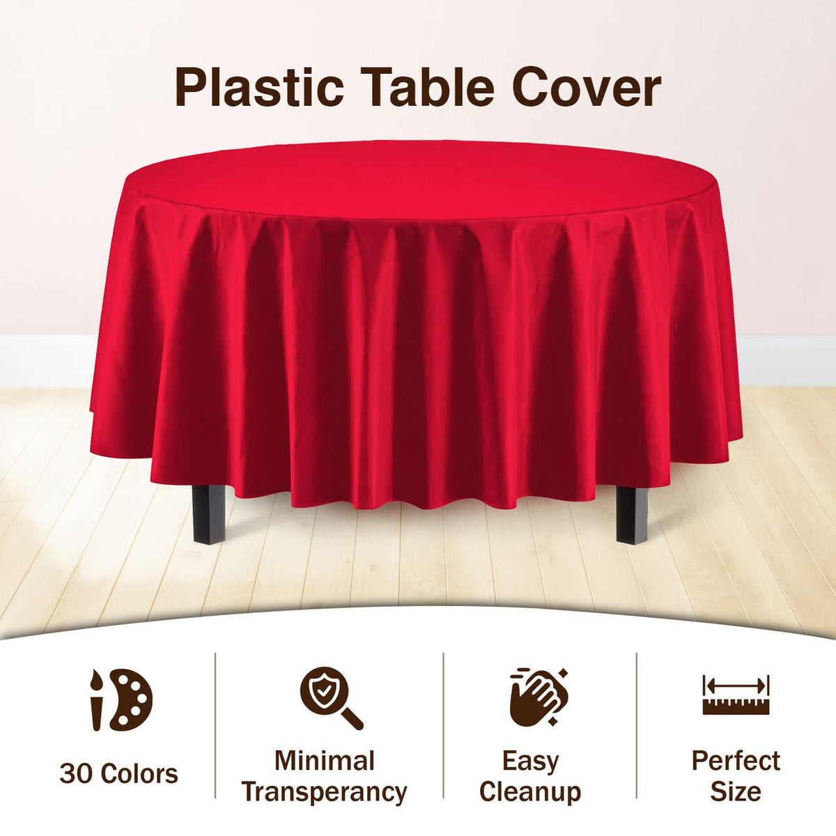 Party Solids heavy-duty red tablecover provides durable protection for busy events.