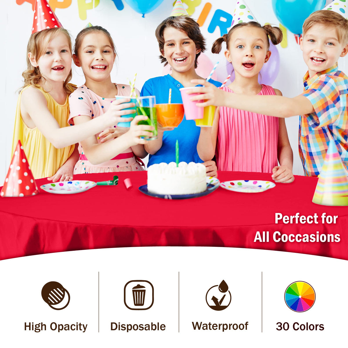 Party Solids high-opacity red tablecover keeps table color hidden for clean looks.