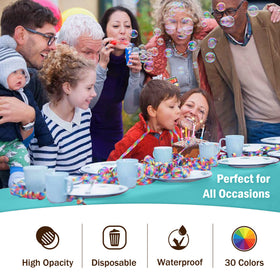 High-opacity aqua cover by Party Solids hides the table surface.