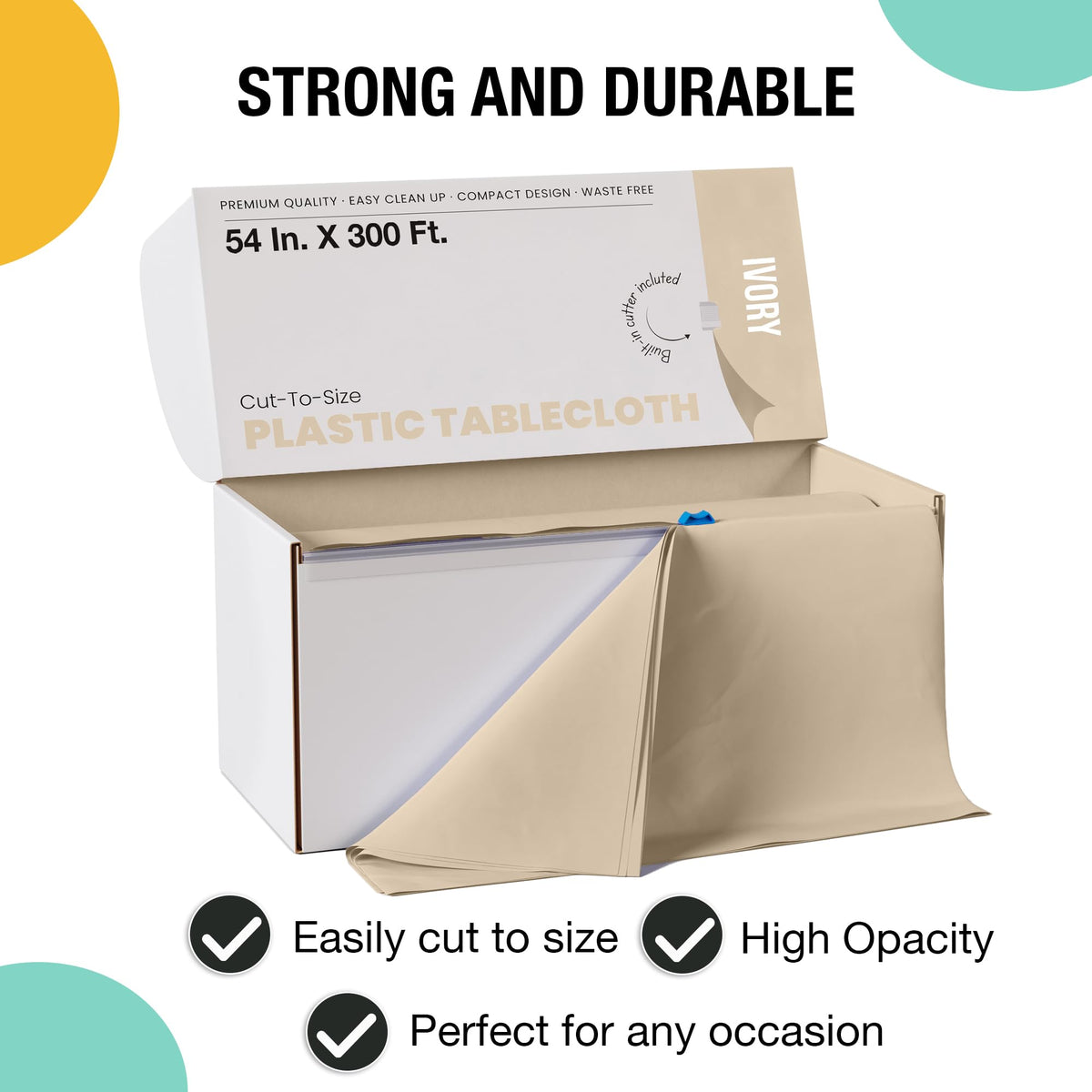 Party Solids ivory tablecloth roll inside the box, ready to travel.