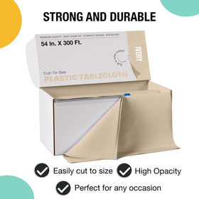 Party Solids ivory tablecloth roll inside the box, ready to travel.