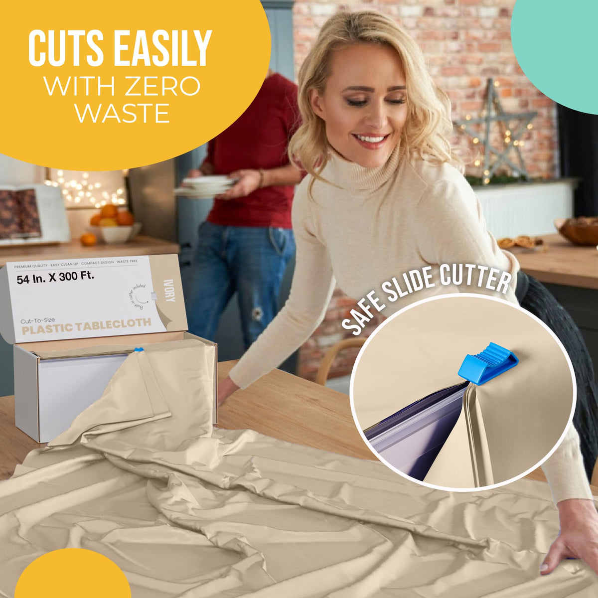Party Solids ivory disposable tablecloth is waterproof, guarding against spills.