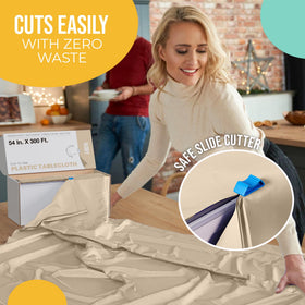 Party Solids ivory disposable tablecloth is waterproof, guarding against spills.