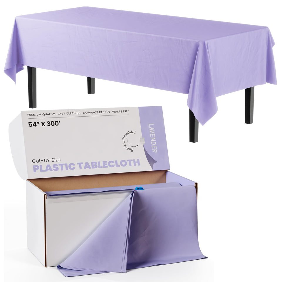 Party Solids lavender table cover roll provides durable surface protection.