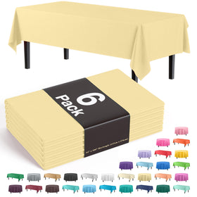 Party Solids pack of 6 light yellow tablecloths laid flat for event backdrop and easy cleanup