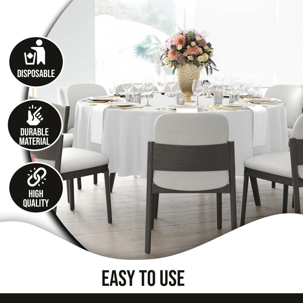 Party Solids packaging indicates ready-to-use disposable tablecloth.
