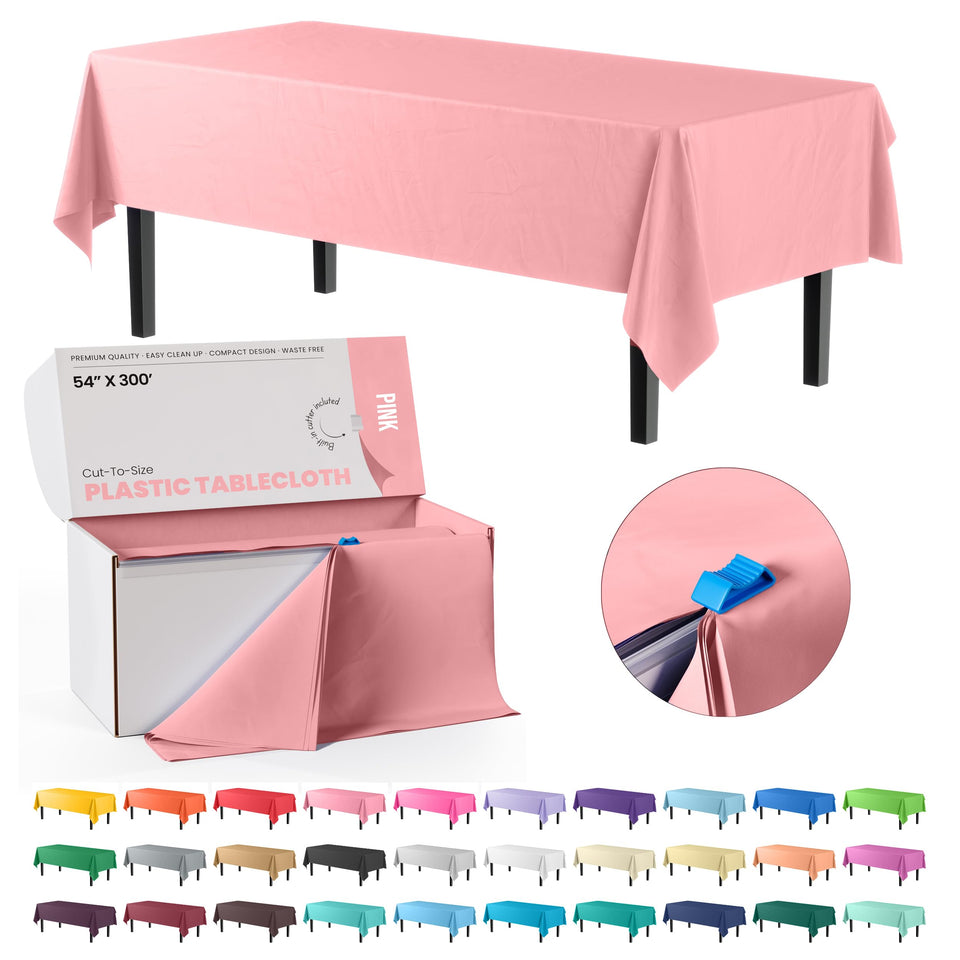 Party Solids pink table cover roll in a box with slide cutter for precise sizing