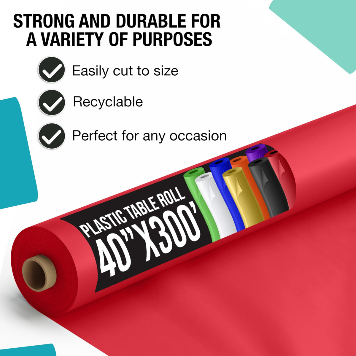 Party Solids red plastic tablecloth roll, 0.5 mil thickness for durable protection.