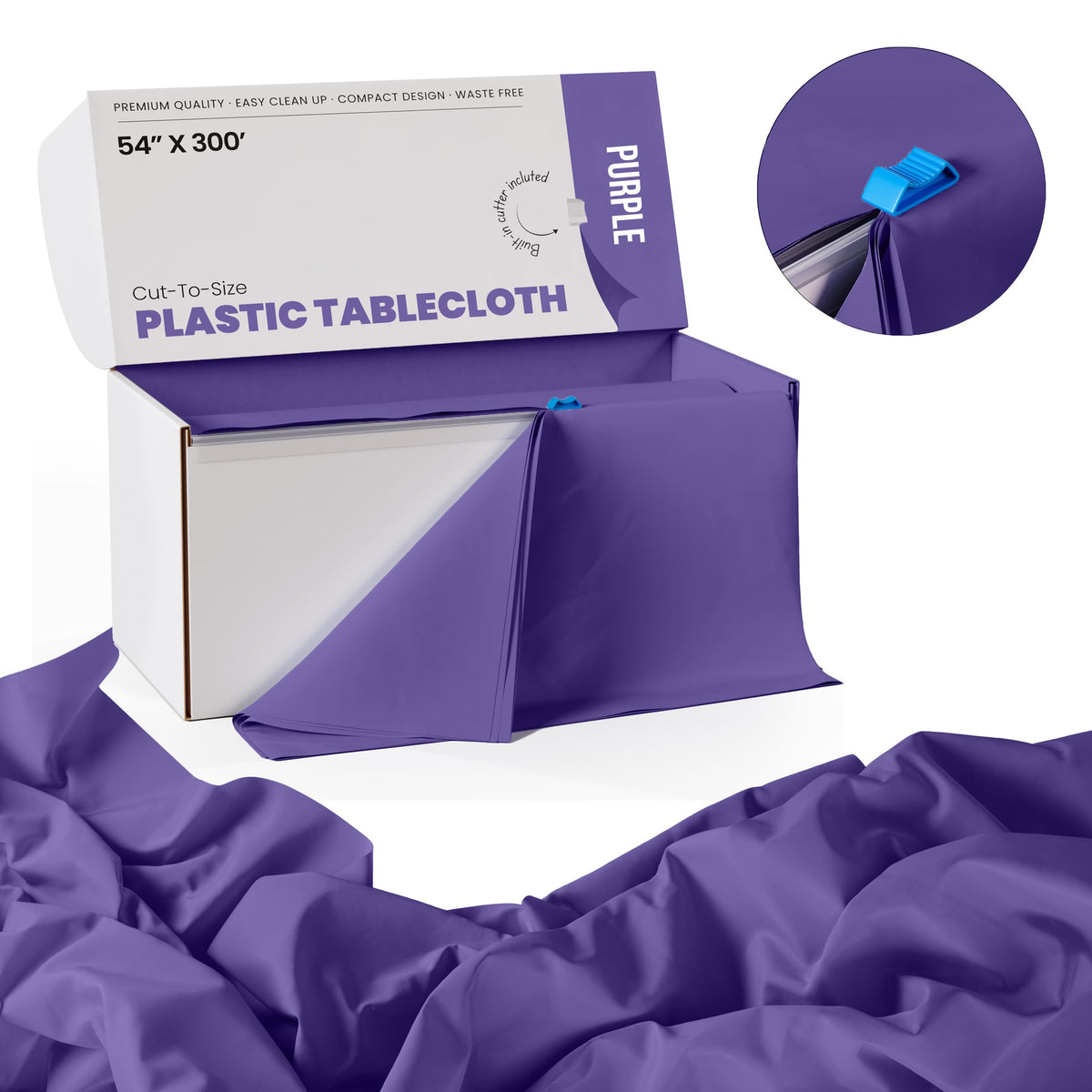 Party Solids purple plastic tablecloth close-up showing waterproof, heavy-duty material.