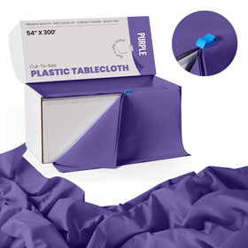 Party Solids purple plastic tablecloth close-up showing waterproof, heavy-duty material.