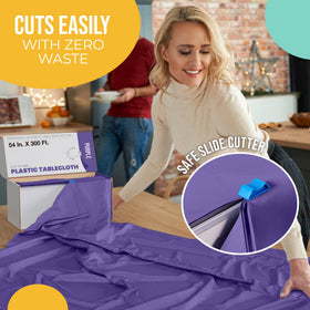Party Solids purple table cover on an 8-foot table for large gatherings.