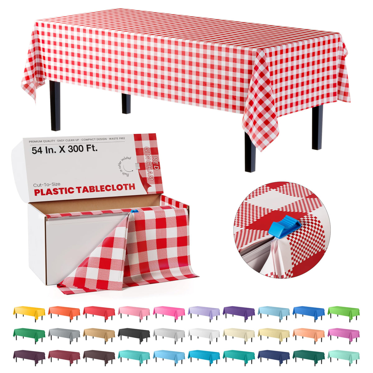 Party Solids red-gingham table cover roll for quick setup and clean dining areas.