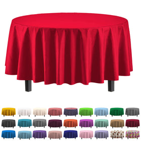 Party Solids red 84in round tablecloth fits an 8-foot table for an elegant setup.