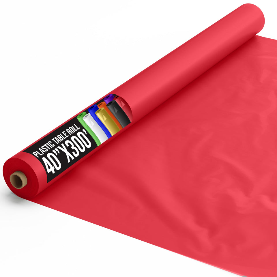 Party Solids red table cover roll, 40-inch width covering banquet tables effectively.