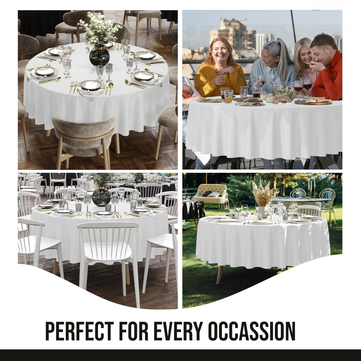 Party Solids round tablecloth draped to floor creating polished look.
